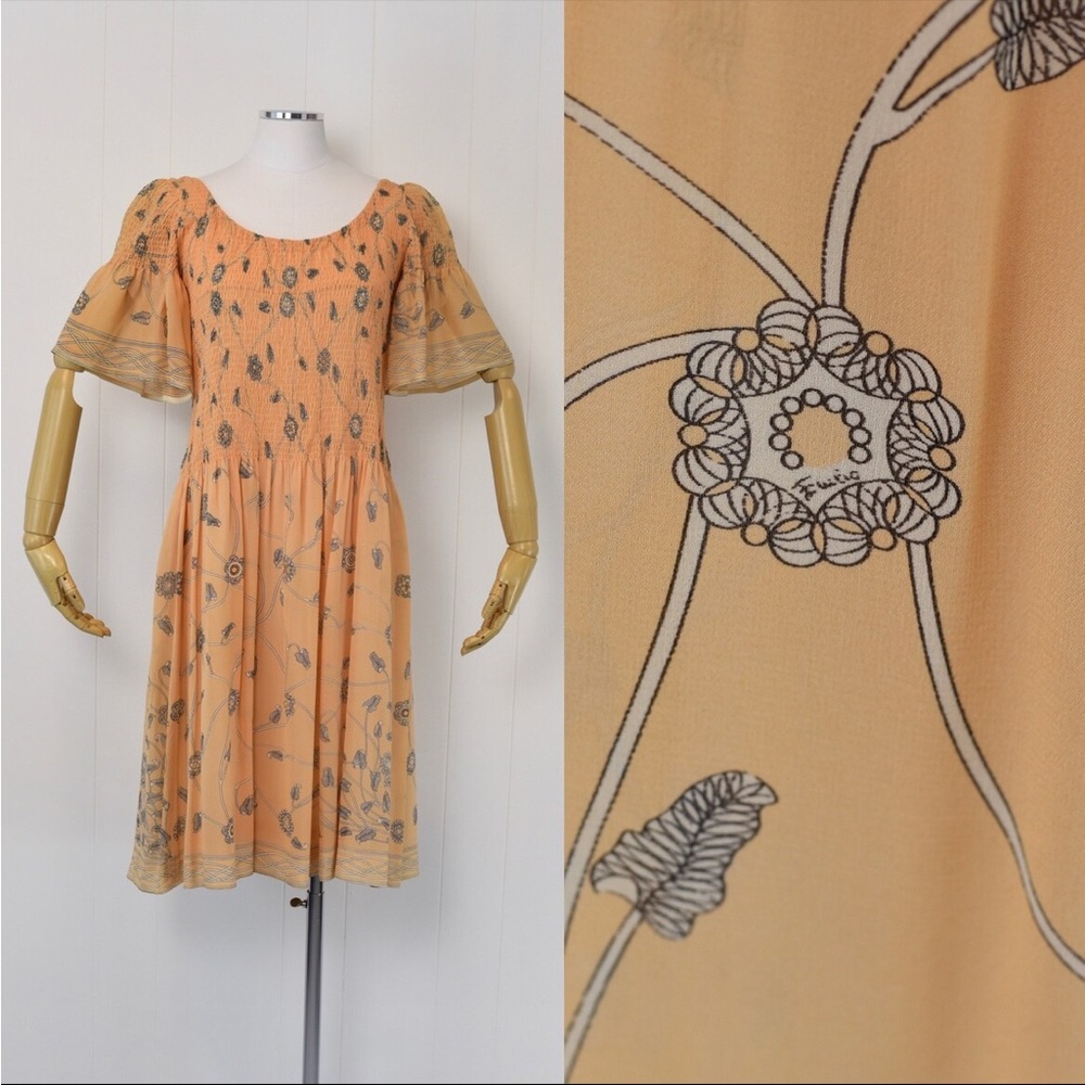 Vintage silk Pucci peach chiffon floral print dress M/L